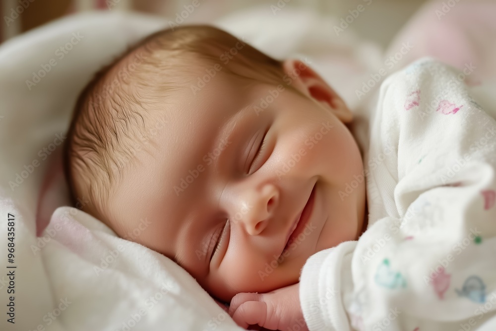 Close-up portrait of a newborn baby sleeping peacefully in a white crib, with a sweet smile on their face