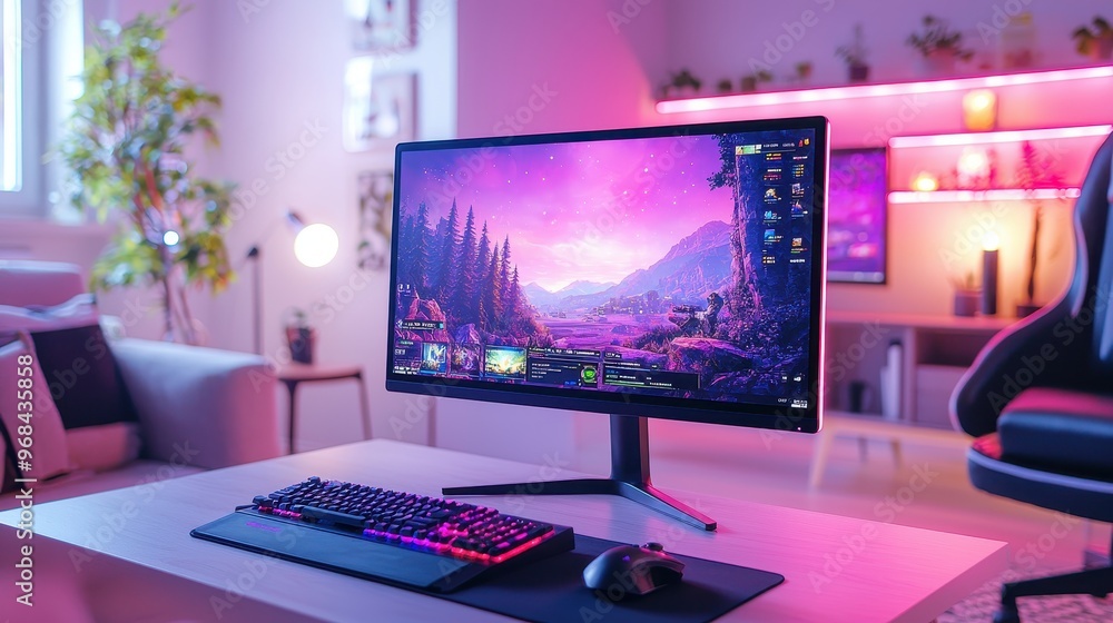 Modern Gaming Setup with RGB Keyboard Mouse and Monitor Modern Gaming Setup with RGB Keyboard Mouse and Monitor