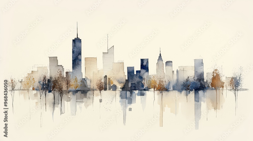 Watercolor Cityscape with Reflection Watercolor Cityscape with Reflection