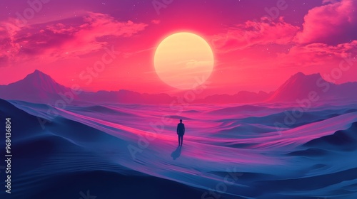 A lone figure standing on a sandy hill with a large yellow sun in a pink sky and distant mountains