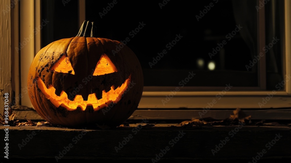 Fototapeta premium Halloween night scene with glowing jack-o'-lanterns and pumpkins in a spooky setting