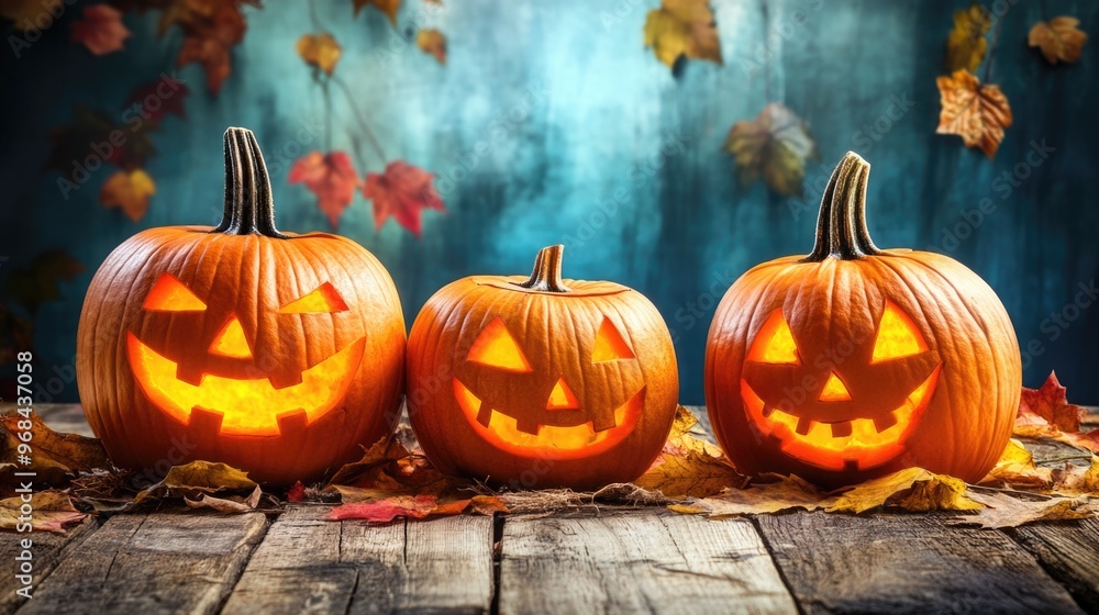 Fototapeta premium Halloween night scene with glowing jack-o'-lanterns and pumpkins in a spooky setting