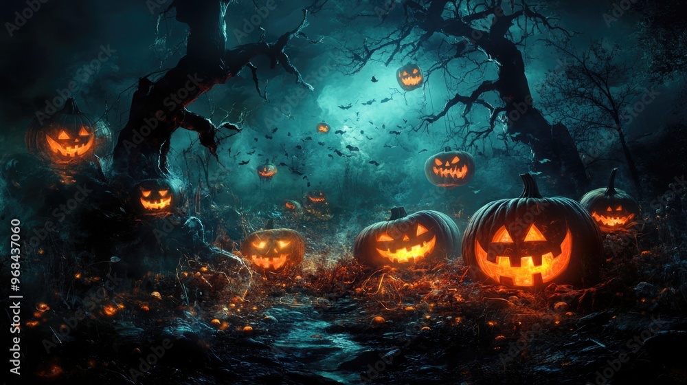 Halloween night scene with glowing jack-o'-lanterns and pumpkins in a spooky setting Halloween night scene with glowing jack-o'-lanterns and pumpkins in a spooky setting