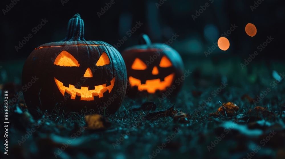 Halloween night scene with glowing jack-o'-lanterns and pumpkins in a spooky setting Halloween night scene with glowing jack-o'-lanterns and pumpkins in a spooky setting