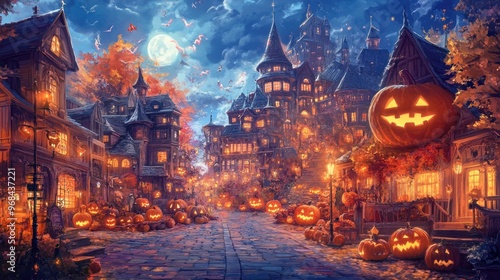 Halloween night scene with glowing jack-o'-lanterns and pumpkins in a spooky setting