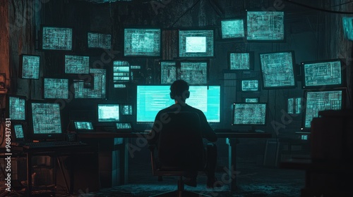 Hacker at work, with green screens behind and many monitors on the wall, surrounded by dark room.