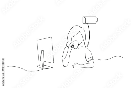 Female office worker drinking coffee with low battery energy charge indicator continuous line art drawing. Vector illustration