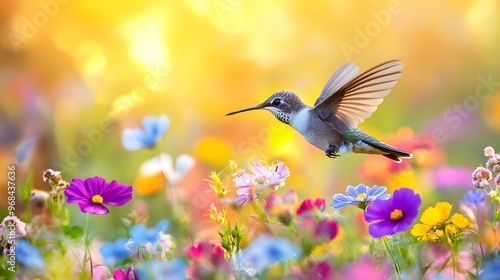 Fototapeta Naklejka Na Ścianę i Meble -  8. A juvenile hummingbird hovering over a vibrant flower garden in full bloom