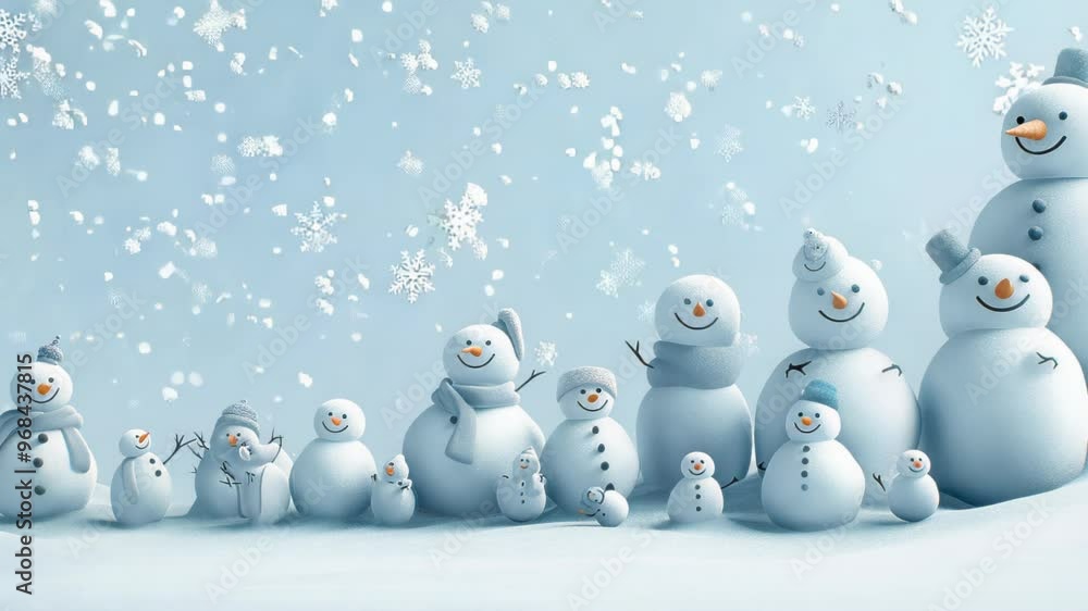 Charming winter scene with a row of smiling snowmen. Soft blue background with gently falling snowflakes. White and silver color palette creates a serene, frosty atmosphere. Charming winter scene with a row of smiling snowmen. Soft blue background with gently falling snowflakes. White and silver color palette creates a serene, frosty atmosphere.