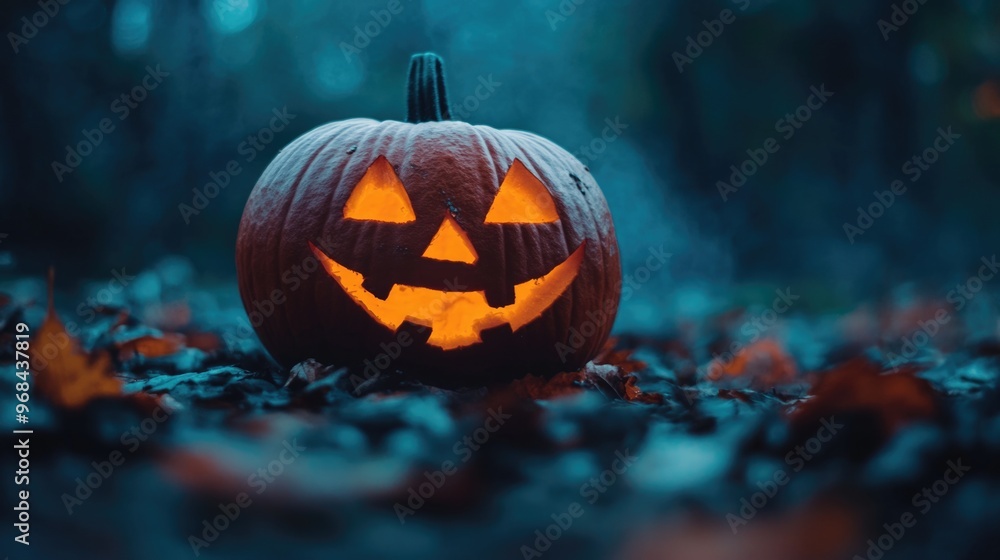 Halloween night scene with glowing jack-o'-lanterns and pumpkins in a spooky setting
