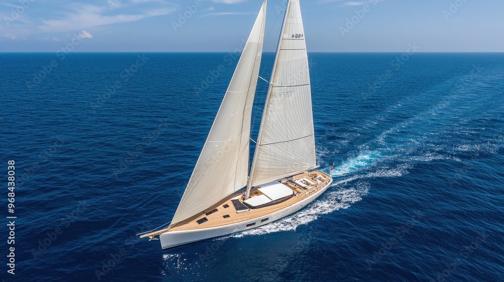 Obraz premium Aerial View of Sailboat Sailing on Calm Blue Ocean Water