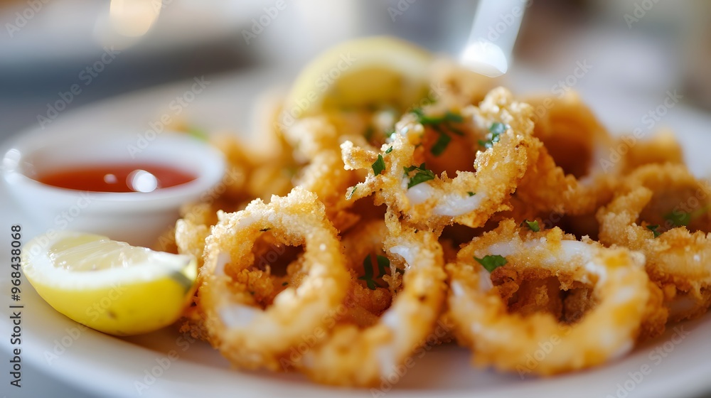 88. A serving of crispy and golden fried calamari with a side of lemon wedges 88. A serving of crispy and golden fried calamari with a side of lemon wedges