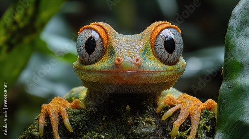 A close-up of a colorful frog with large eyes on a mossy surface. photo