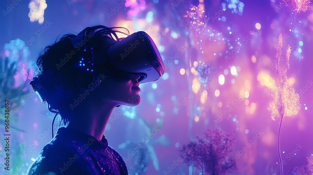 Woman wearing a VR headset looks up in wonder at a futuristic, neon landscape. Woman wearing a VR headset looks up in wonder at a futuristic, neon landscape.