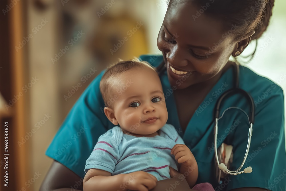 Smiling pediatrician holds a baby boy during a checkup, radiating happiness and professionalism in healthcare Smiling pediatrician holds a baby boy during a checkup, radiating happiness and professionalism in healthcare