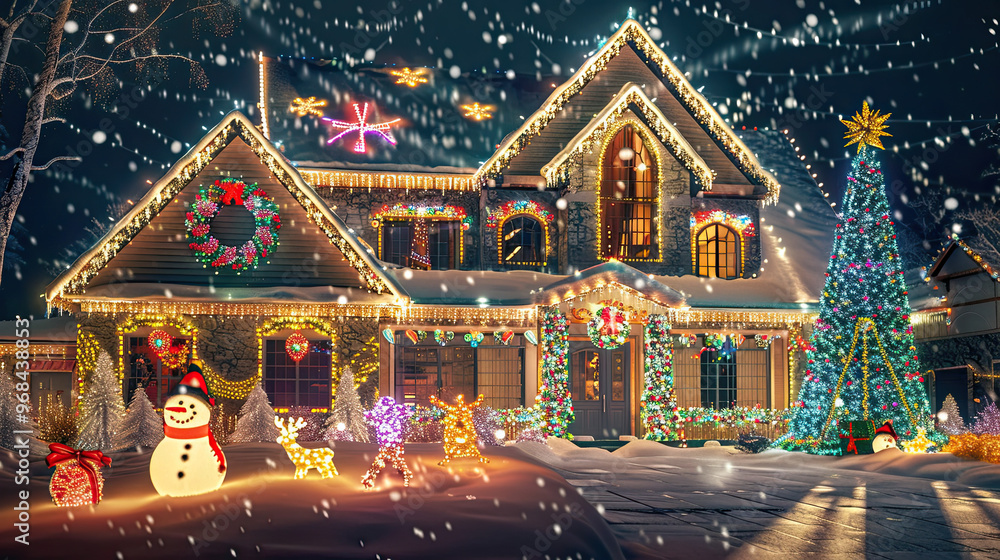 Grand House Dazzling with Christmas Lights and Festive Yard Decorations