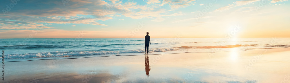 Solitary Figure Reflecting on a Tranquil Beach at Sunset - Realistic Image Solitary Figure Reflecting on a Tranquil Beach at Sunset - Realistic Image