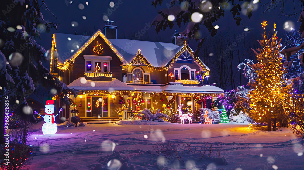 Brightly Lit House with Reindeer, Snowmen, and Falling Snow in a Joyful Holiday Scene