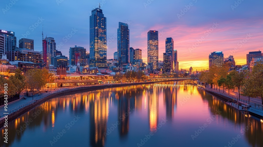 Cityscape with River Reflection at Sunset Cityscape with River Reflection at Sunset
