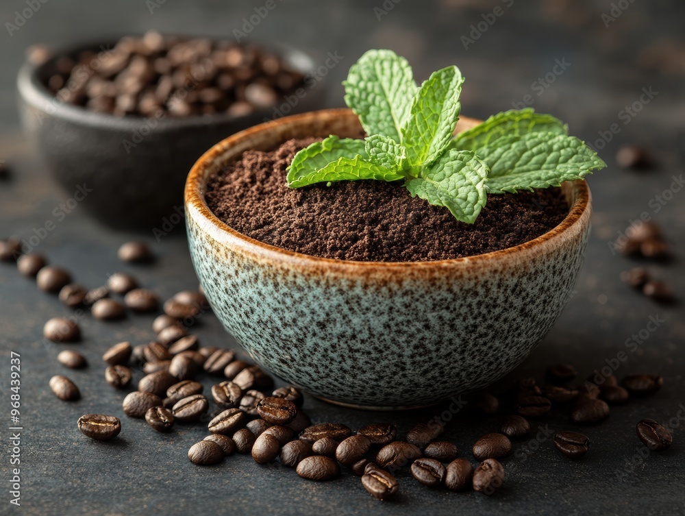A bowl of freshly prepared coffee peppermint scrub, with aromatic coffee grounds and crisp mint leaves, exuding a soothing and invigorating vibe A bowl of freshly prepared coffee peppermint scrub, with aromatic coffee grounds and crisp mint leaves, exuding a soothing and invigorating vibe