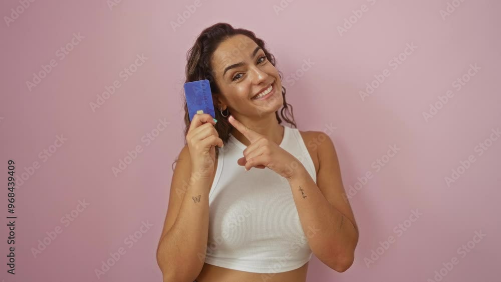 Hispanic woman holding blue credit card smiling over isolated pink background Hispanic woman holding blue credit card smiling over isolated pink background