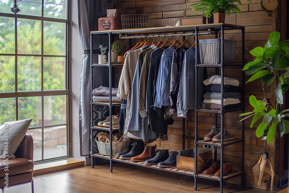 Industrial style free-standing rack with metal frame and wood shelves, displaying various clothing items, accessories, and open white chest in bedroom setting. Industrial style free-standing rack with metal frame and wood shelves, displaying various clothing items, accessories, and open white chest in bedroom setting.