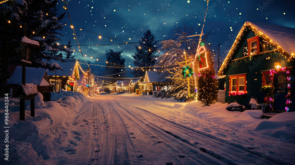 Nostalgic Christmas Scene: Snowy Street, Twinkling Lights, and Starry Night