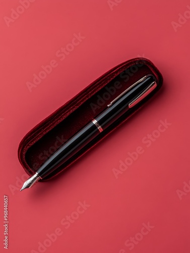 A black engraved fountain pen rests in a luxurious velvet case, symbolizing sophistication, professionalism, and a thoughtful gift for special occasions.