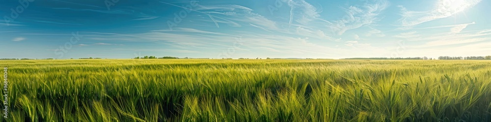 Sunny spring day showcasing vibrant green winter wheat fields alongside a clear sky highway.