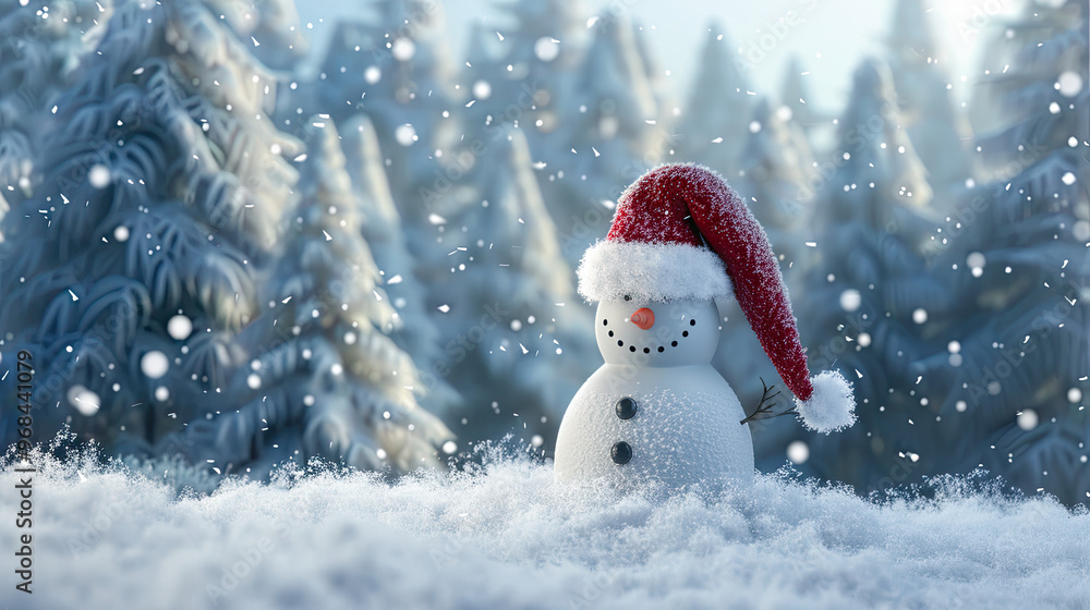 Whimsical Snowman in Oversized Santa Hat Surrounded by Snowy Trees Whimsical Snowman in Oversized Santa Hat Surrounded by Snowy Trees
