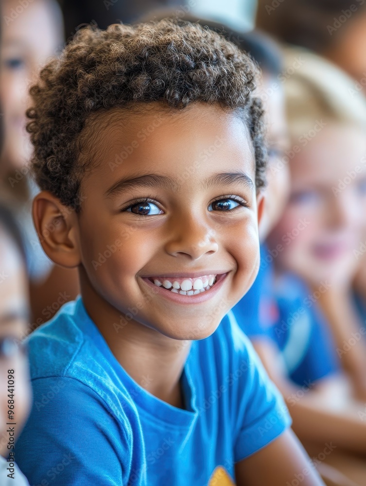 A young boy with brown hair and a blue shirt is smiling A young boy with brown hair and a blue shirt is smiling