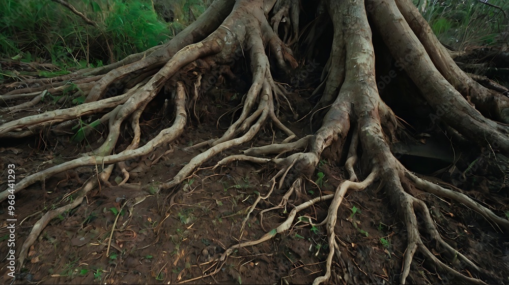 Ancient tree with gnarled roots, entwined with moss, stands tall in a sun-dappled forest, a testament to nature's enduring beauty Ancient tree with gnarled roots, entwined with moss, stands tall in a sun-dappled forest, a testament to nature's enduring beauty