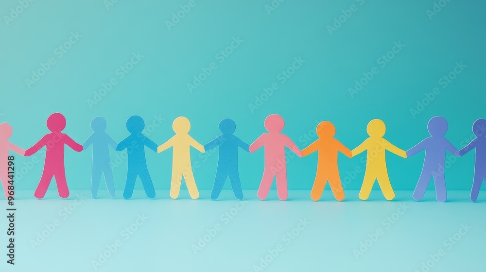 A chain of colorful paper cutout humans holding hands, symbolizing unity, diversity, teamwork, connection, and inclusion. A chain of colorful paper cutout humans holding hands, symbolizing unity, diversity, teamwork, connection, and inclusion.