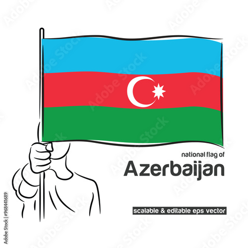 Scalable and editable eps vector Outline line stroke contour art of person hand fist holding national waving flag of Azerbaijan