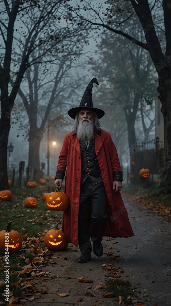 The Wizard's Pumpkin Path: An enigmatic wizard walks a lantern-lit path amidst an autumnal forest, carrying glowing pumpkins, in this captivating Halloween scene. The Wizard's Pumpkin Path: An enigmatic wizard walks a lantern-lit path amidst an autumnal forest, carrying glowing pumpkins, in this captivating Halloween scene.