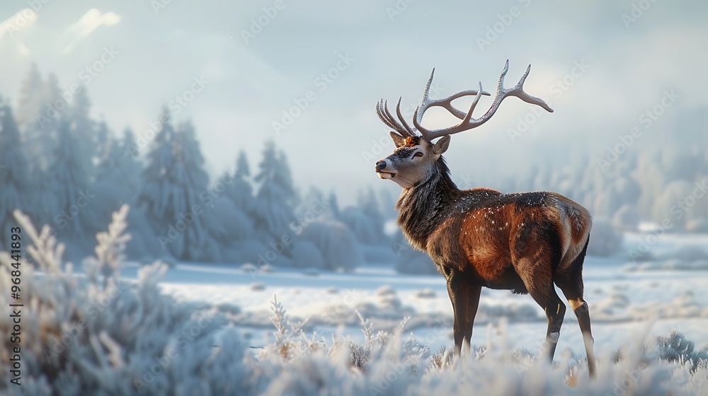 Detailed shot of a red deer standing in a snowy landscape, its antlers and fur contrasting against the cold, wintry backdrop Detailed shot of a red deer standing in a snowy landscape, its antlers and fur contrasting against the cold, wintry backdrop
