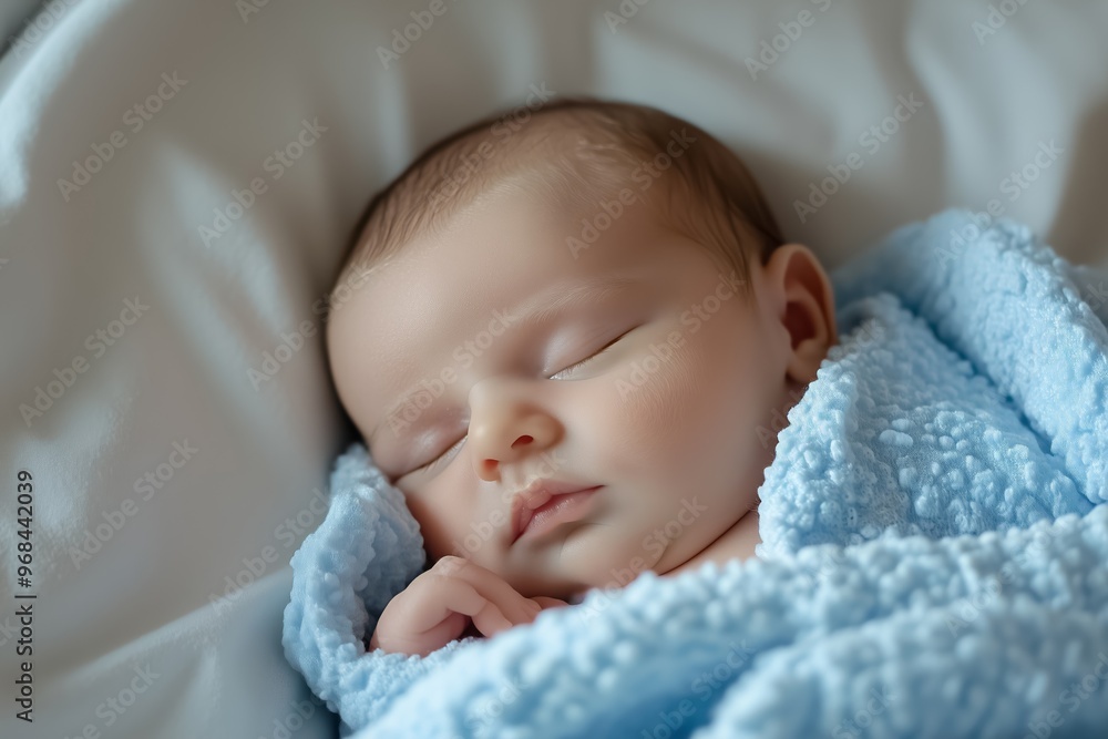 Newborn baby boy peacefully sleeps in a cozy blue blanket on a soft white bed, radiating tranquility and calm, capturing the essence of parenthood and childhood Newborn baby boy peacefully sleeps in a cozy blue blanket on a soft white bed, radiating tranquility and calm, capturing the essence of parenthood and childhood