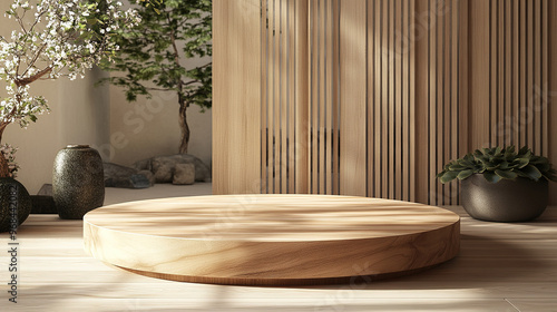 Wallpaper Mural Wooden podium on a wood background with copy space for product presentation. Empty room with dark wooden. Wood pedestal podium. Fall product promotion Beauty cosmetics wooden display.  Torontodigital.ca