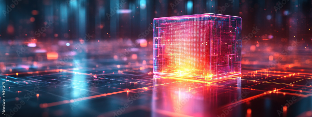 A glowing, transparent cube sits in digital landscape filled with vibrant colors and intricate patterns, evoking sense of advanced technology and innovation.. A glowing, transparent cube sits in digital landscape filled with vibrant colors and intricate patterns, evoking sense of advanced technology and innovation..