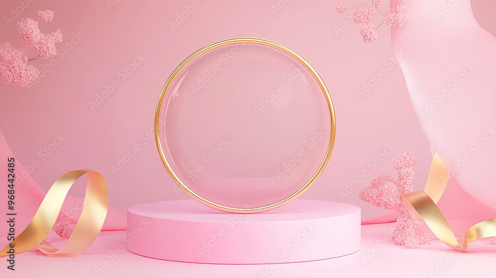 Abstract background with a glass circle podium and colorful waves for product presentation. Mockup stage for cosmetic products. Pink podium with a glass circle. Luxury podium. Copy space area Abstract background with a glass circle podium and colorful waves for product presentation. Mockup stage for cosmetic products. Pink podium with a glass circle. Luxury podium. Copy space area