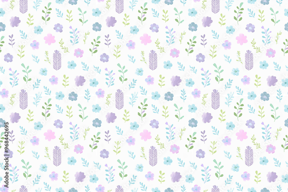 水色と紫の可愛い花柄のシームレスパターン背景イラスト 水色と紫の可愛い花柄のシームレスパターン背景イラスト