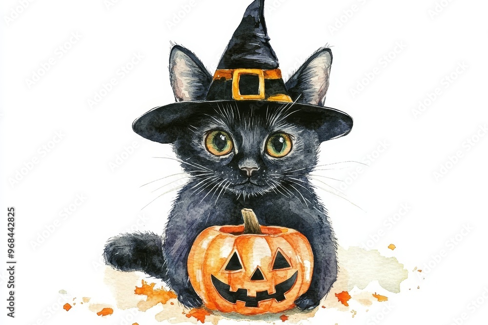 A charming watercolor illustration of a black cat dressed in a witch's hat and holding a carved pumpkin. It embodies the spirit of Halloween with cuteness, festivity, and a touch of magic. A charming watercolor illustration of a black cat dressed in a witch's hat and holding a carved pumpkin. It embodies the spirit of Halloween with cuteness, festivity, and a touch of magic.