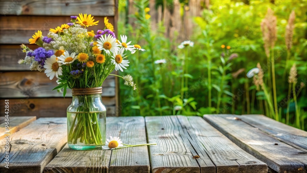 Obraz premium Weathered wooden table with a vase of wildflowers , weathered, wooden, table, vase, wildflowers, rustic, vintage, decor
