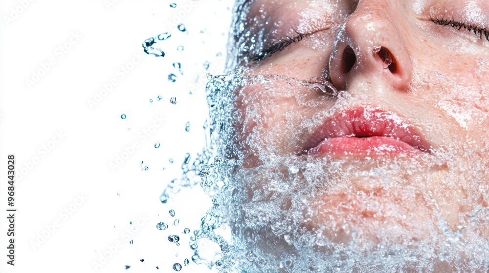 Fototapeta premium Water cascades over a womanвЂ™s face, highlighting her serene expression in a refreshing and joyful moment