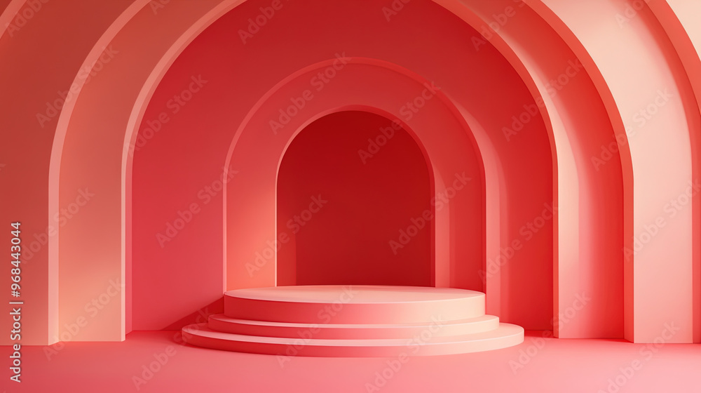 Abstract red background with a podium for product presentation. Stage for product design. Red podium with showcase in the studio room podium. Luxury podium. Copy space area Abstract red background with a podium for product presentation. Stage for product design. Red podium with showcase in the studio room podium. Luxury podium. Copy space area