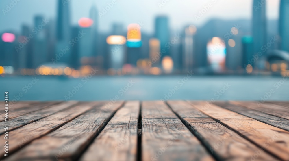 A wooden table stands prominently while city buildings light up against the evening sky, creating a relaxed atmosphere A wooden table stands prominently while city buildings light up against the evening sky, creating a relaxed atmosphere