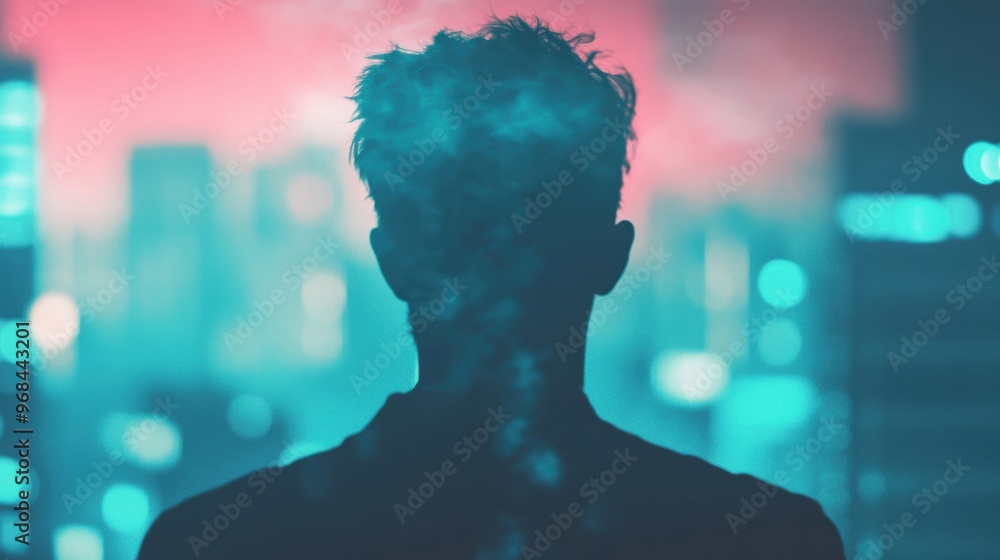 A solitary man stands against the backdrop of a dark neon city, captivated by the colorful lights and urban vibe surrounding him A solitary man stands against the backdrop of a dark neon city, captivated by the colorful lights and urban vibe surrounding him
