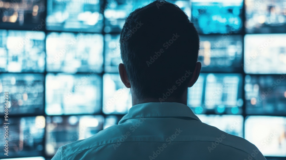 A man closely observes various screens in a control room, ensuring security during nighttime operations A man closely observes various screens in a control room, ensuring security during nighttime operations