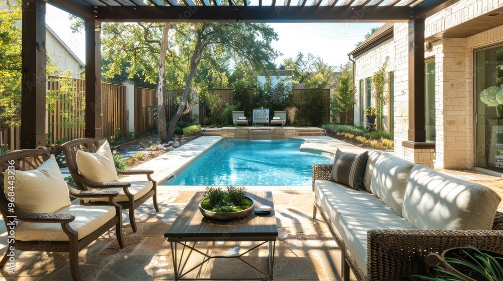 Fototapeta premium Backyard living space with outdoor furniture next to a pool under a pergola, for real estate branding.