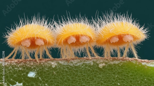 Three hairy bacteria exhibit unique shapes and textures, highlighted by bright colors against a dark background